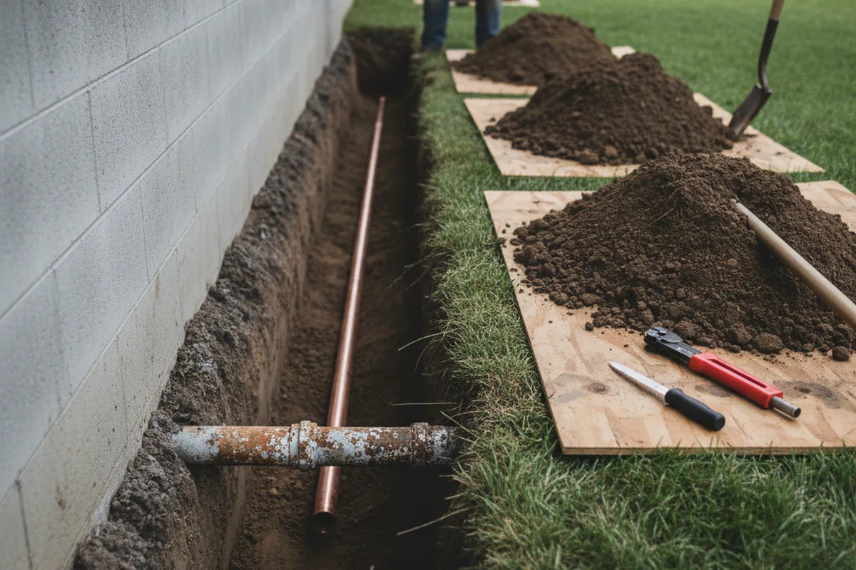 Excavated water line trench during Sewer Line Repair in Amagon
